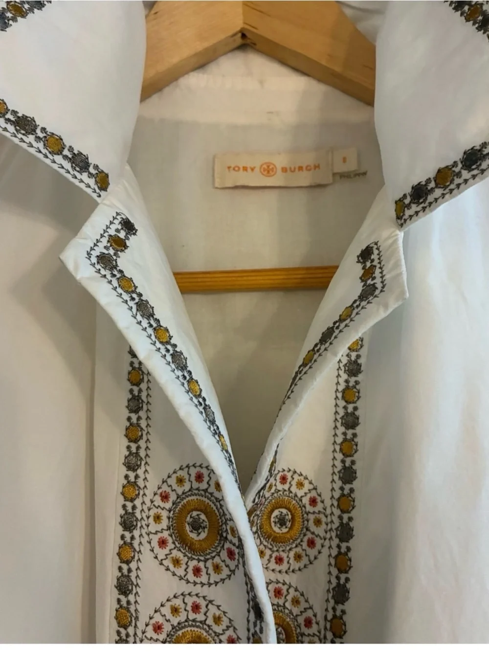 White Embroidered Belted Shirt Dress with Gold Accents